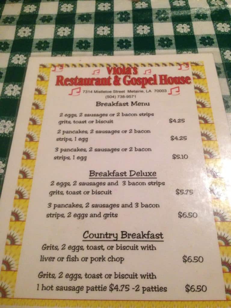 Menu at Viola's Restaurant and Gospel House, Metairie