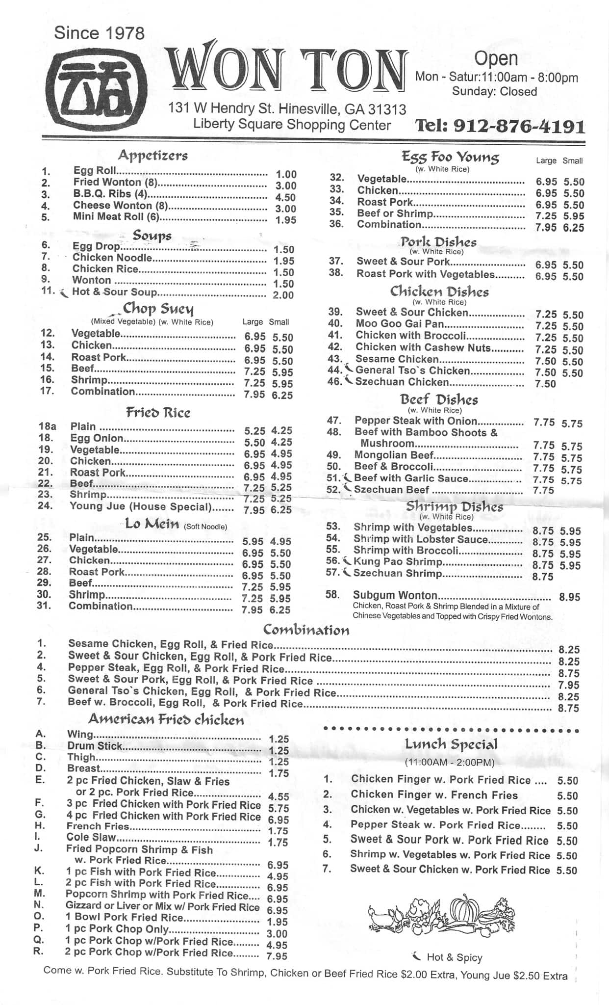 Menu at WonTon restaurant, Hinesville