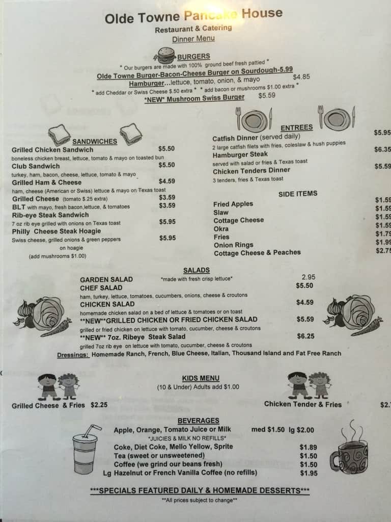 Menu at Olde Towne Pancake House and Catering restaurant, Jonesborough