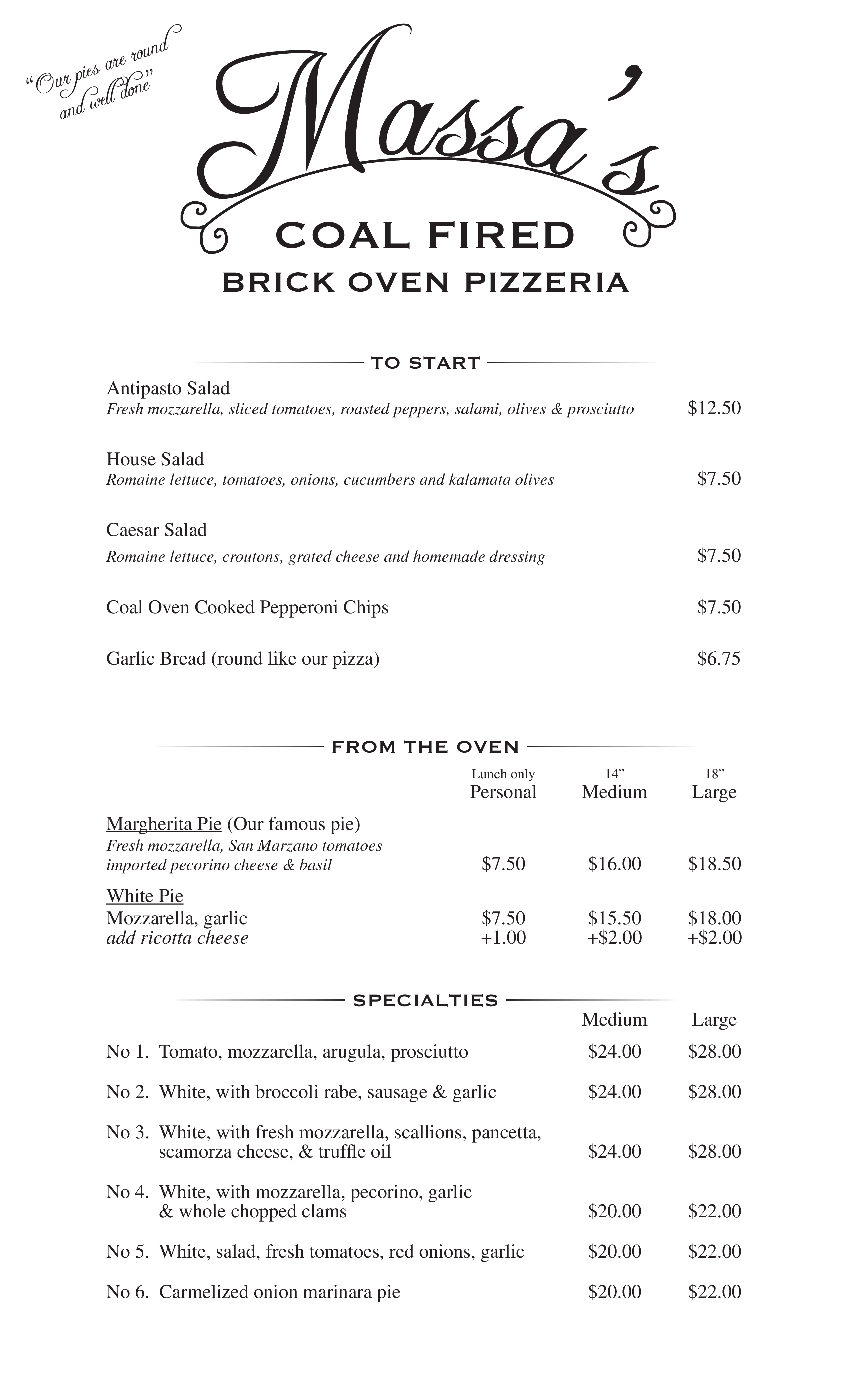 Massa's Coal Brick Oven Pizza Menu - Urbanspoon/Zomato