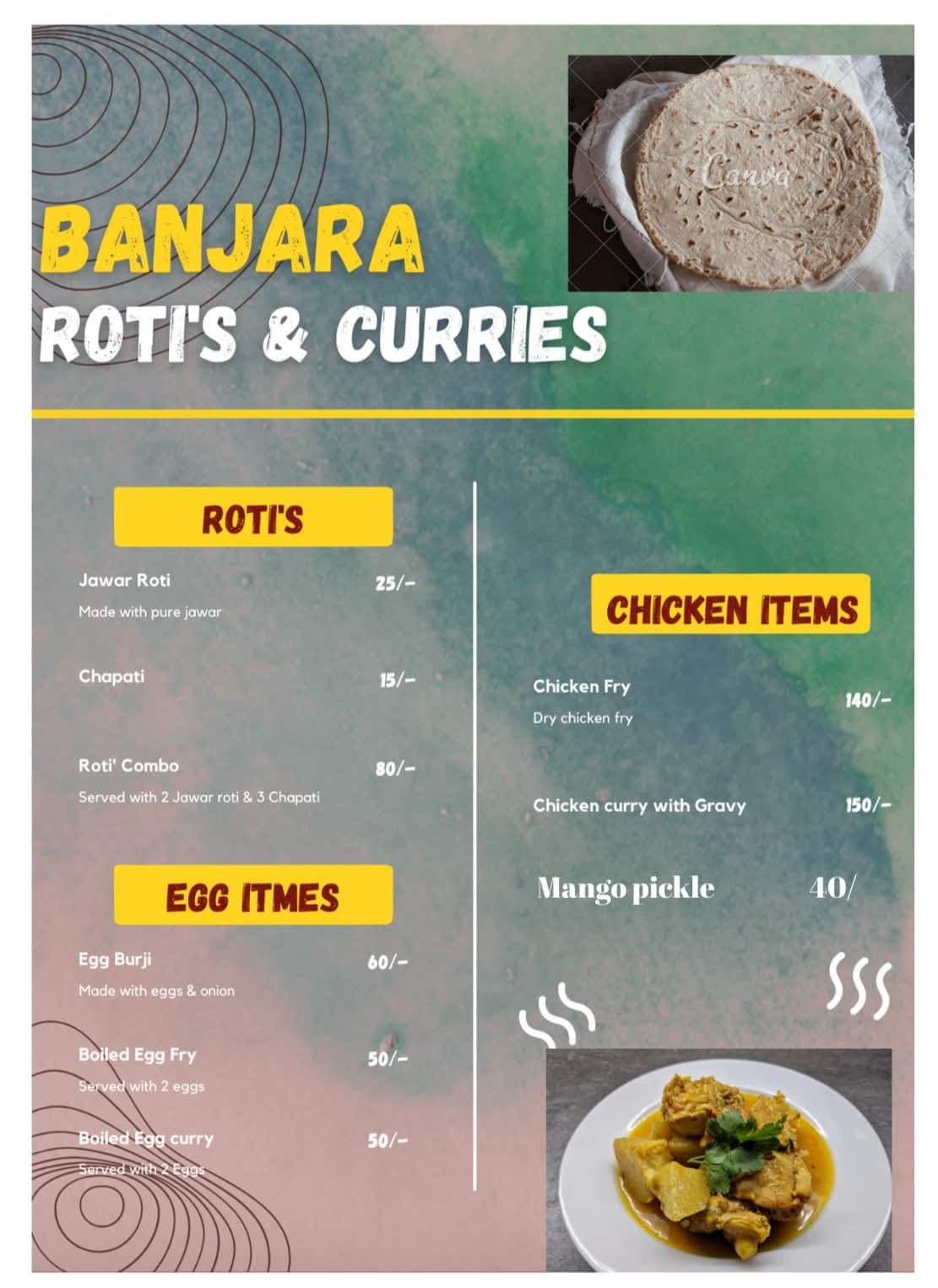 Menu of Banjara Roti's And Curries, Boduppal, Hyderabad