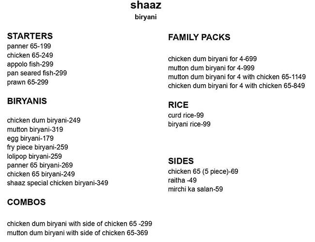 Shaaz Biryani menu