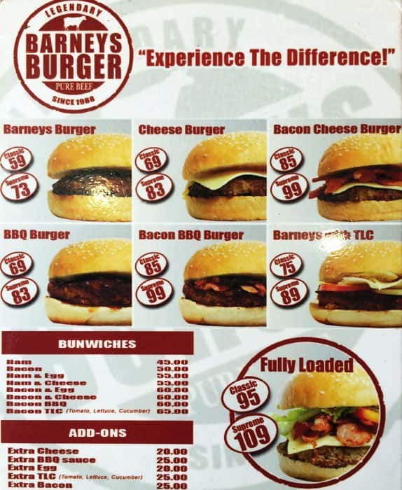 Menu at Barneys Burger, Quezon City, J P Rizal St