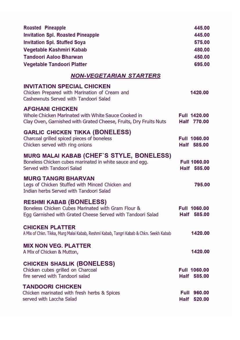 Menu of Invitation, Ashok Vihar Phase 2, New Delhi