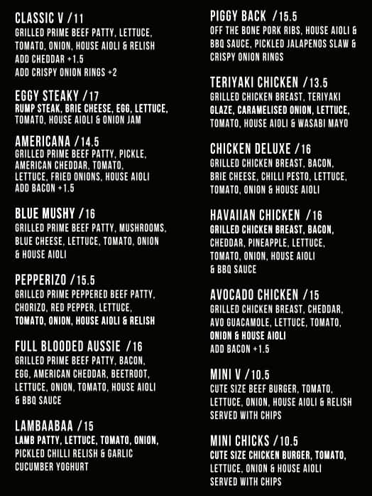 V Burger Bar Menu, Menu for V Burger Bar, Floreat, Perth - Urbanspoon ...