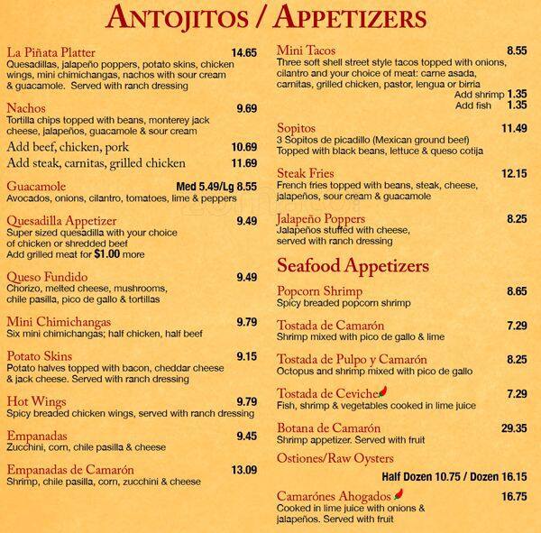 La Pinata 2 Mexican Restaurant Tequila Bar Menu