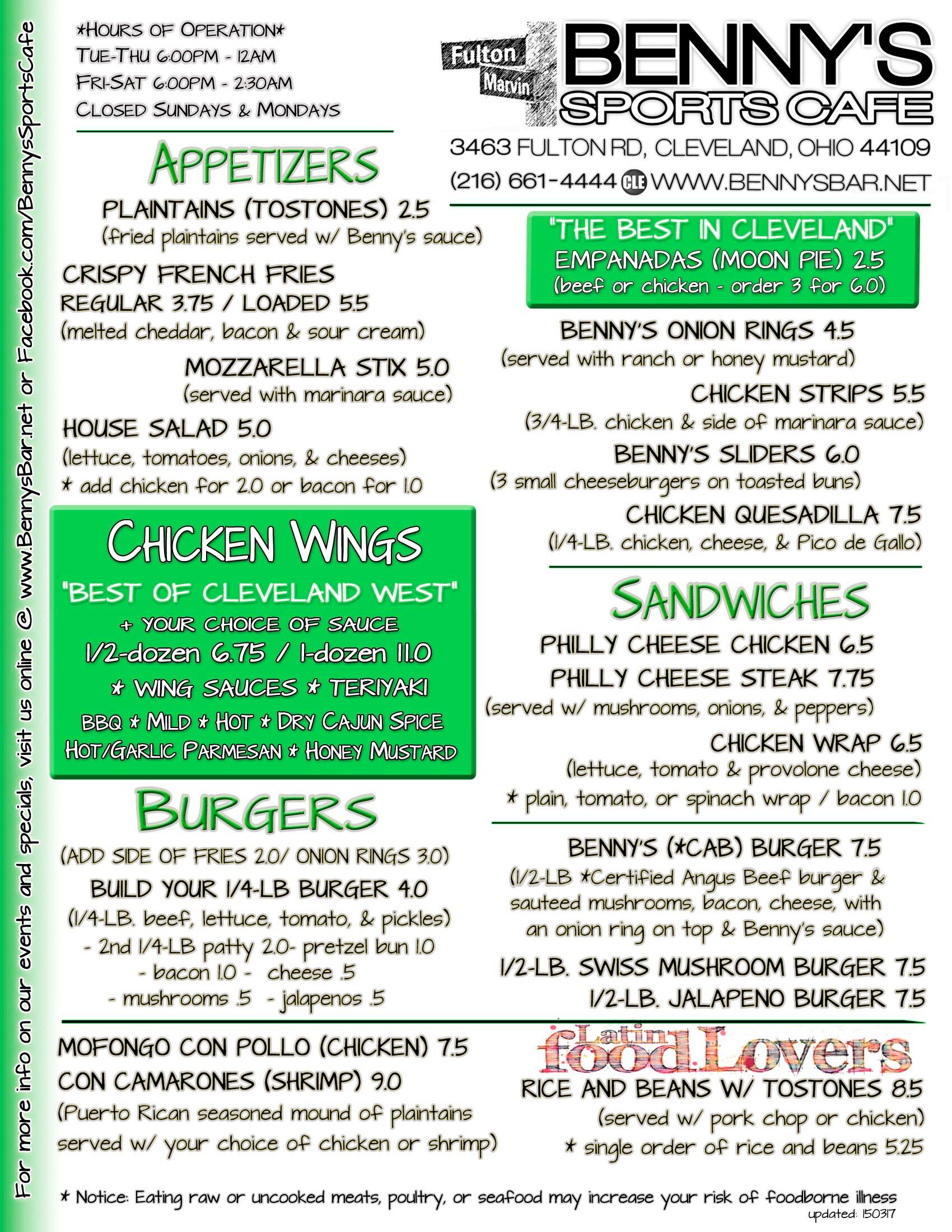 Benny's Sports Cafe Menu, Menu for Benny's Sports Cafe, West Side, Cleveland Urbanspoon/Zomato