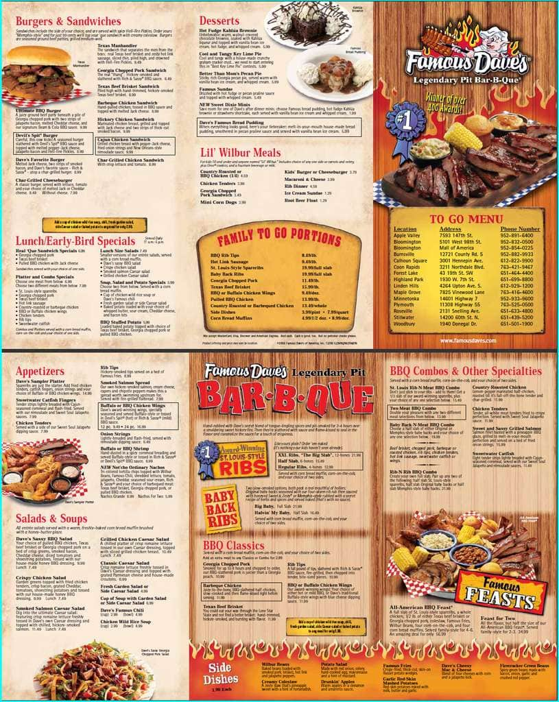 Famous Dave's Menu,Menú para Famous Dave's, Woodbury, Twin Cities