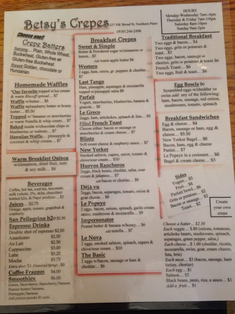 Menu at Betsy's Crepes restaurant, Southern Pines