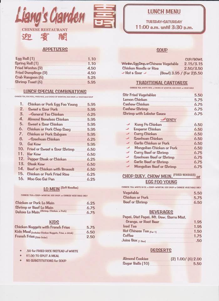 Liang S Garden Chinese Restaurant Menu