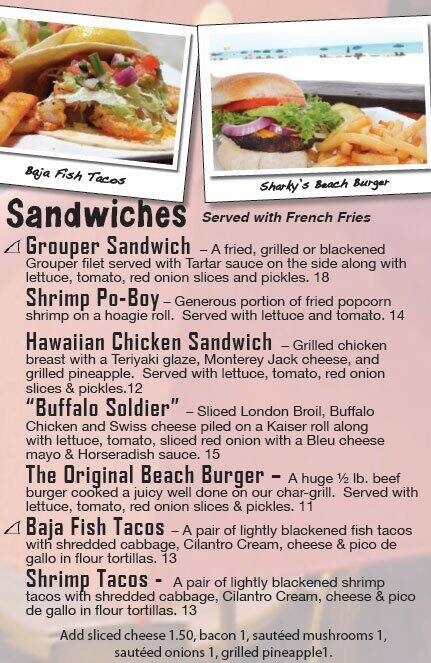 Menu at Sharky's Beachfront Restaurant, Panama City Beach, Front Beach Rd