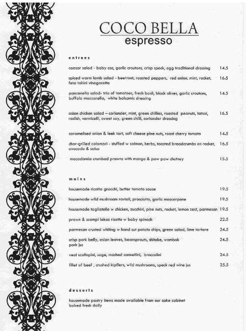 Coco Bella Espresso menu