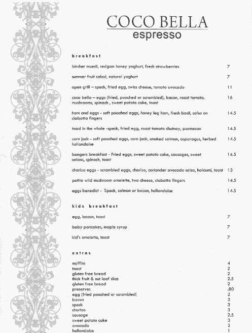 Coco Bella Espresso menu
