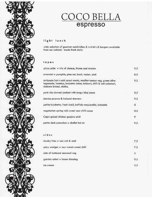 Coco Bella Espresso menu