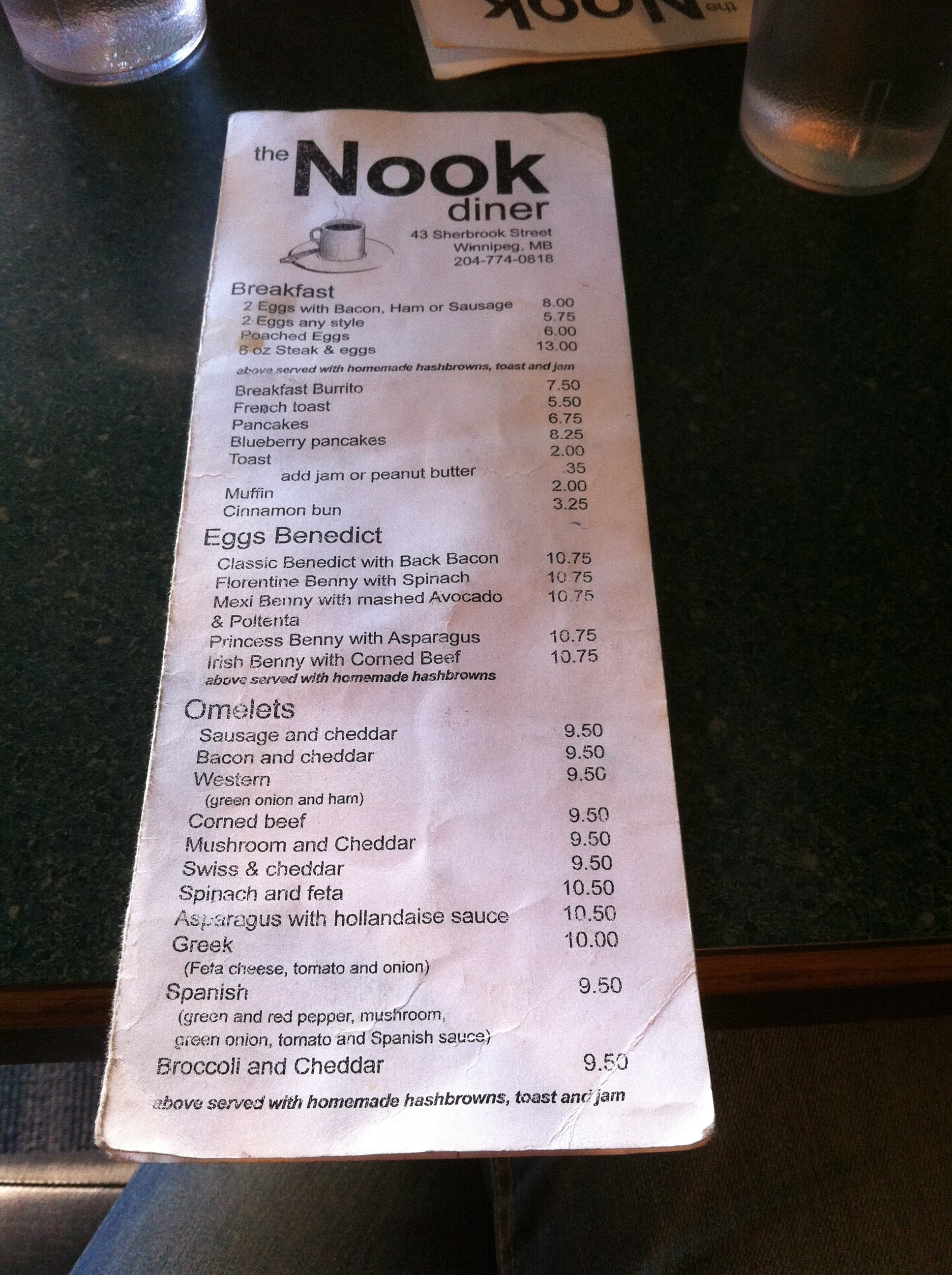 Menu at The Nook restaurant, Winnipeg