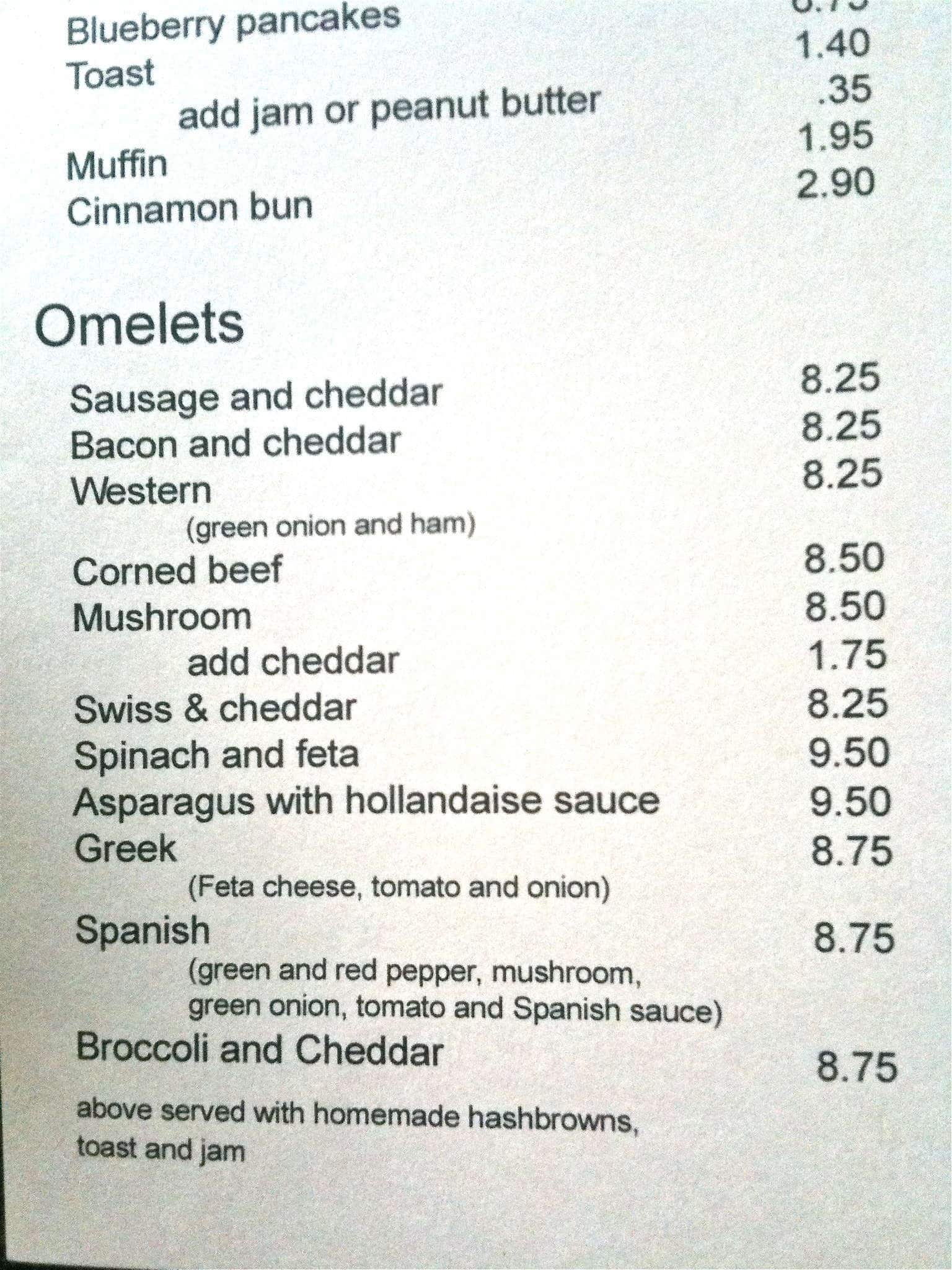 Menu at The Nook restaurant, Winnipeg