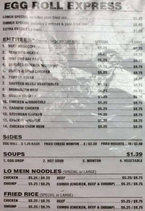 Egg Roll Express menu