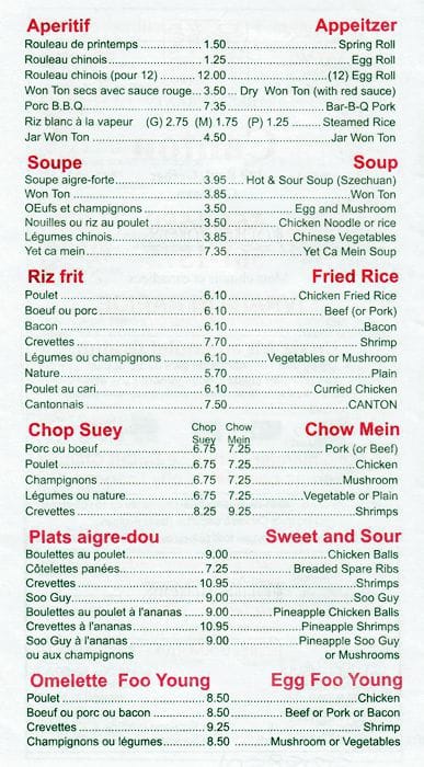 Menu de Restaurant Canton