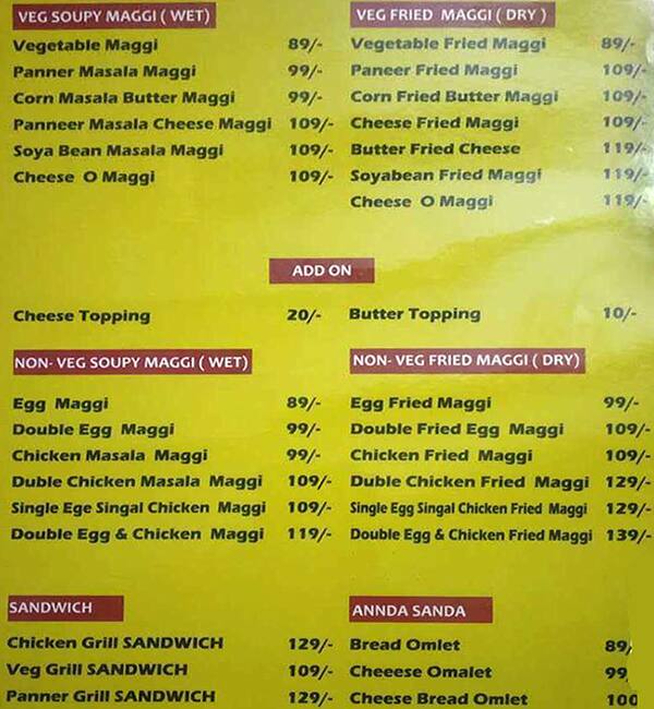 Menu of Maggie Only, Necklace Road, Hyderabad