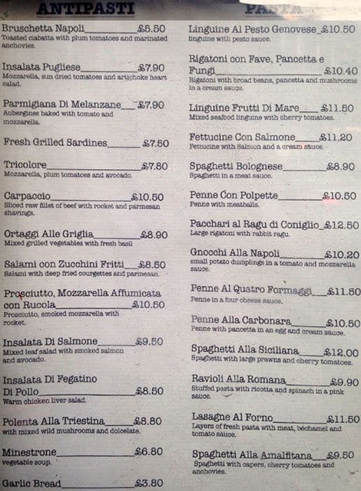 Antipasto & Pasta Menu, Menu for Antipasto & Pasta, Battersea, London