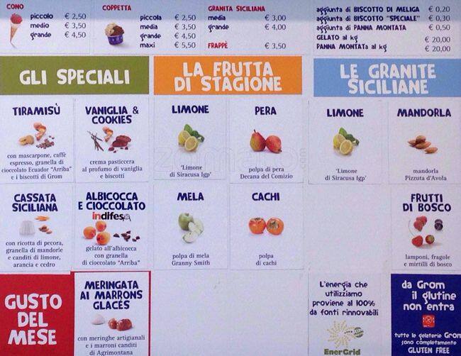 Menu di Grom 
