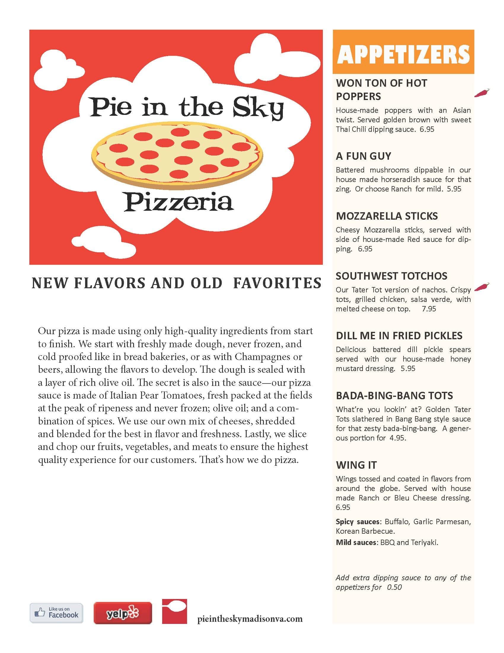 Pie in the Sky Menu, Menu for Pie in the Sky, Madison, Charlottesville