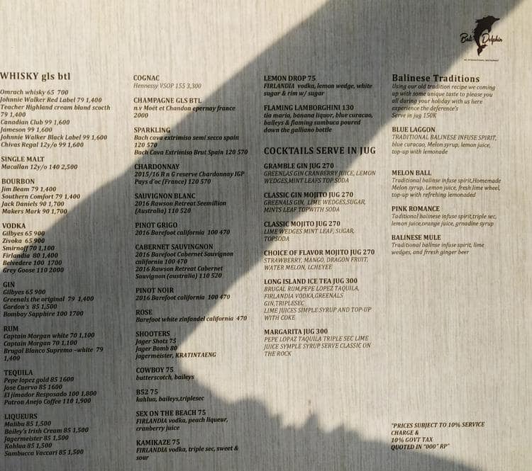 Menu at Bali Dolphin restaurant, Gianyar