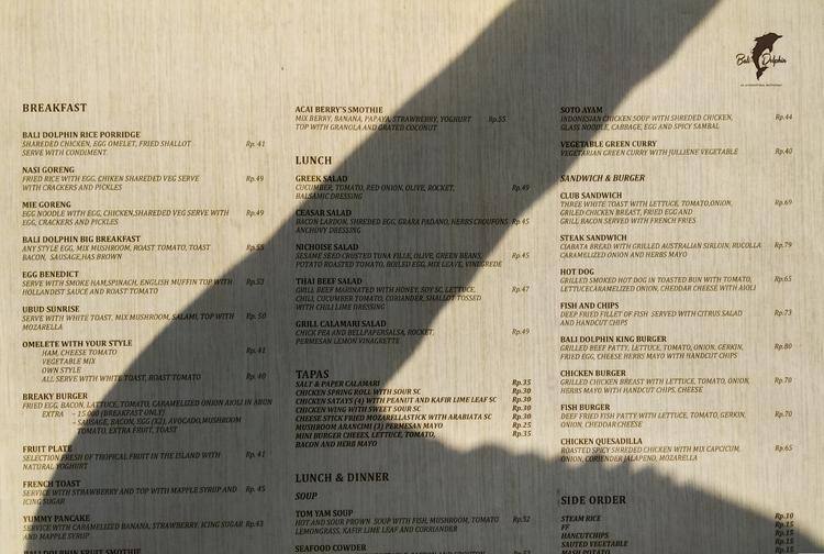 Menu at Bali Dolphin restaurant, Gianyar