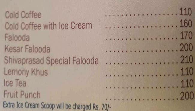 Hotel Shiva Prasad menu