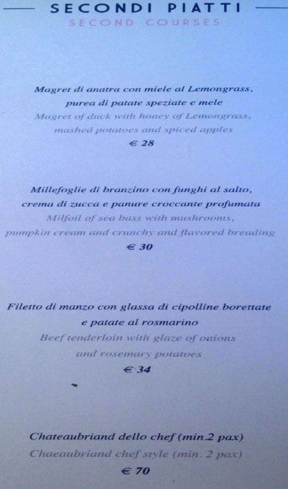 Menu di Grand Hotel Palace Rome 