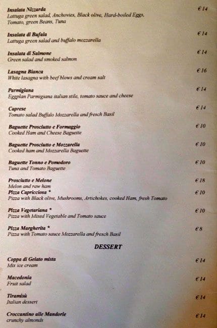 Menu di Grand Hotel Palace Rome 