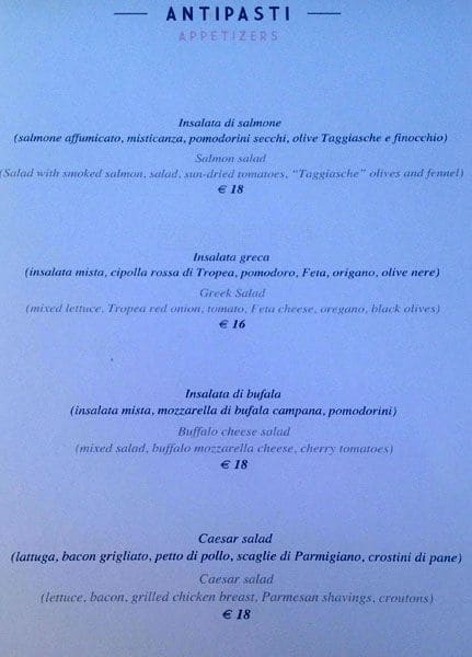 Menu di Grand Hotel Palace Rome 