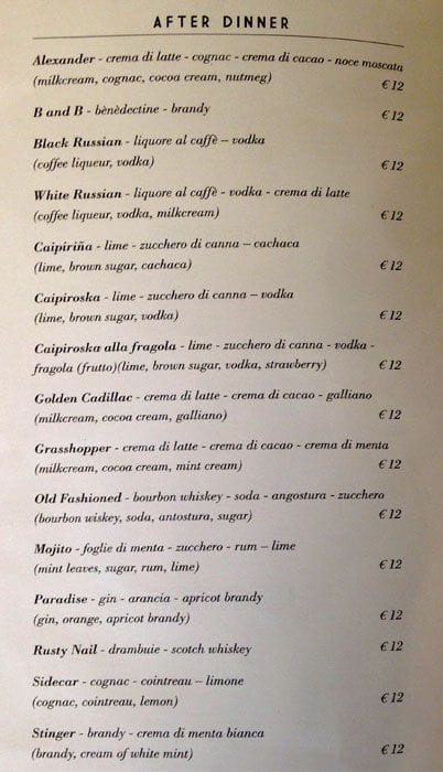 Menu di Grand Hotel Palace Rome 