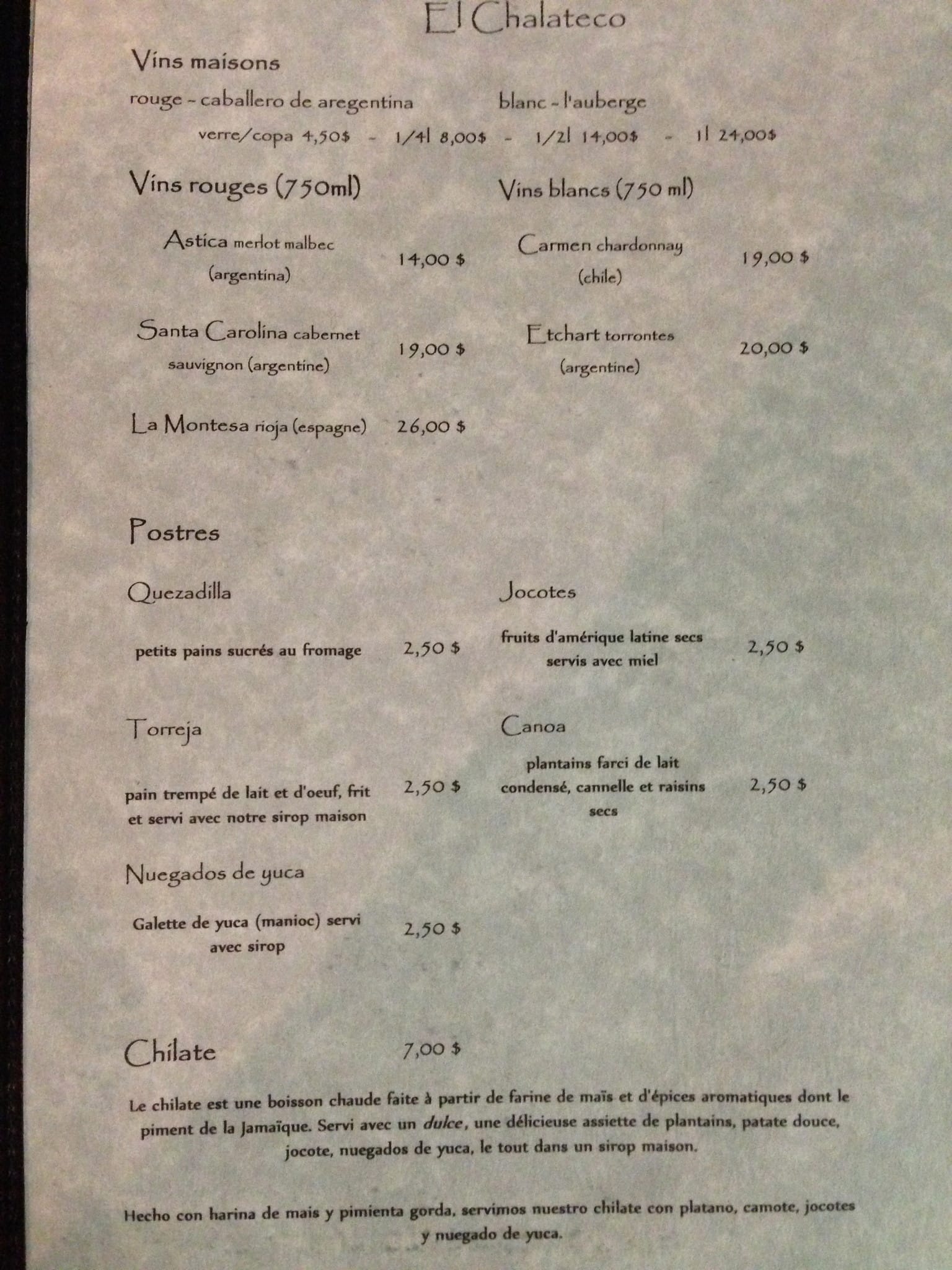 Menu de Restaurant El Chalateco