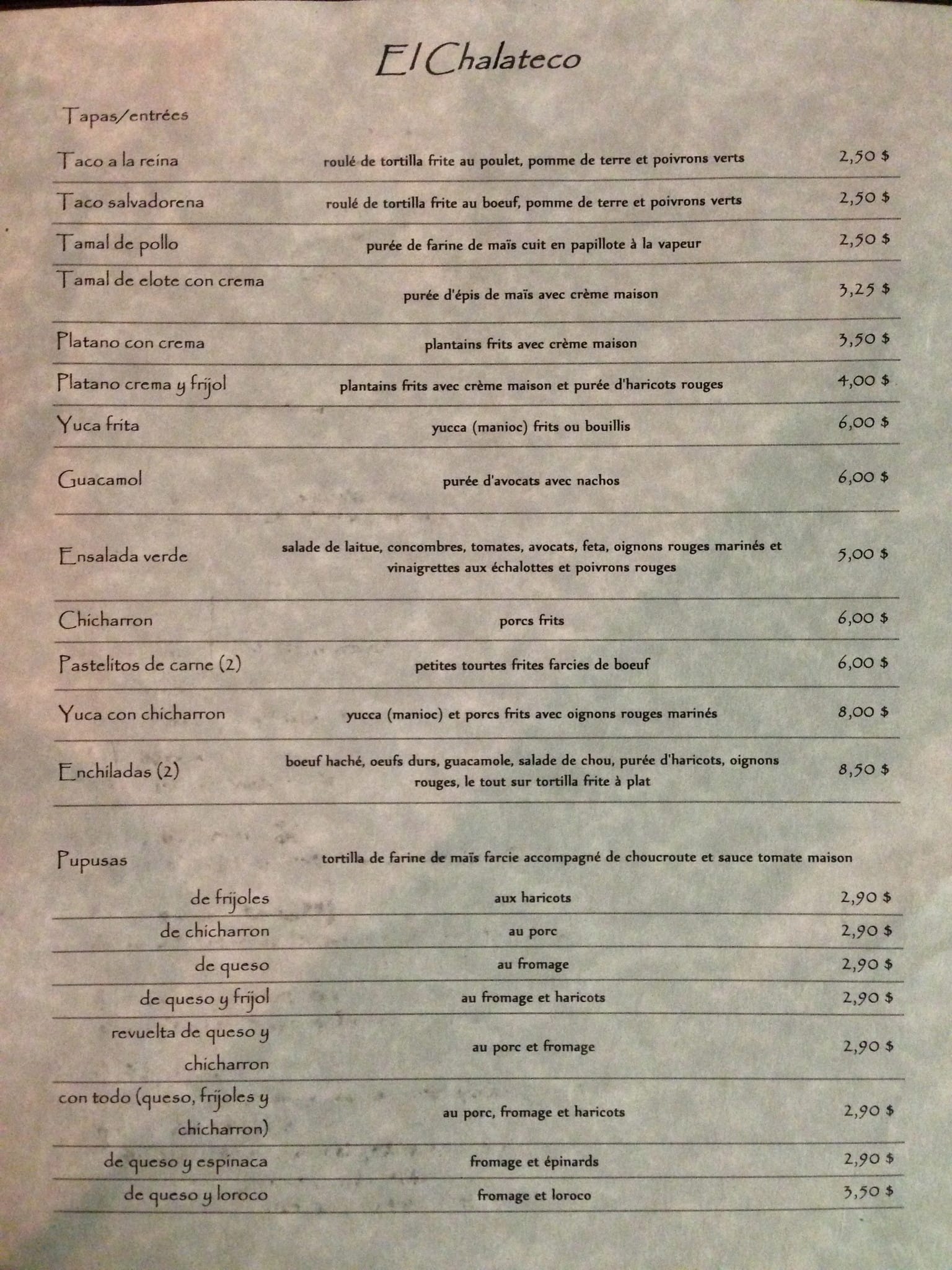 Menu de Restaurant El Chalateco