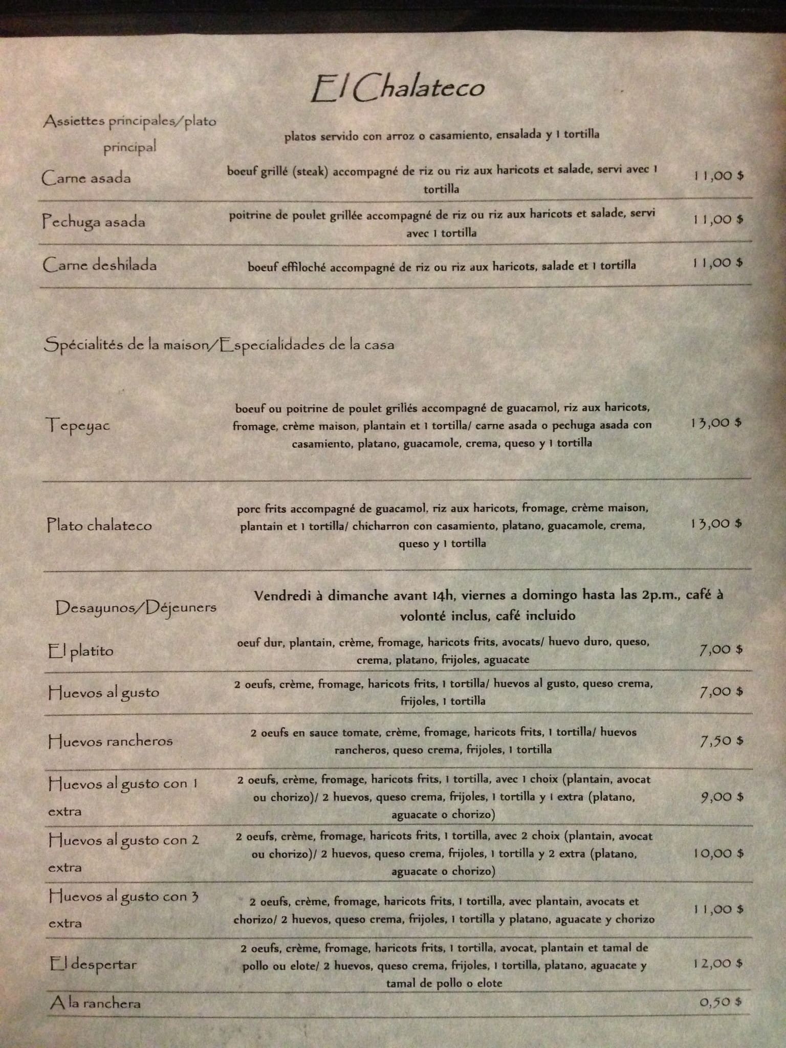 Menu de Restaurant El Chalateco