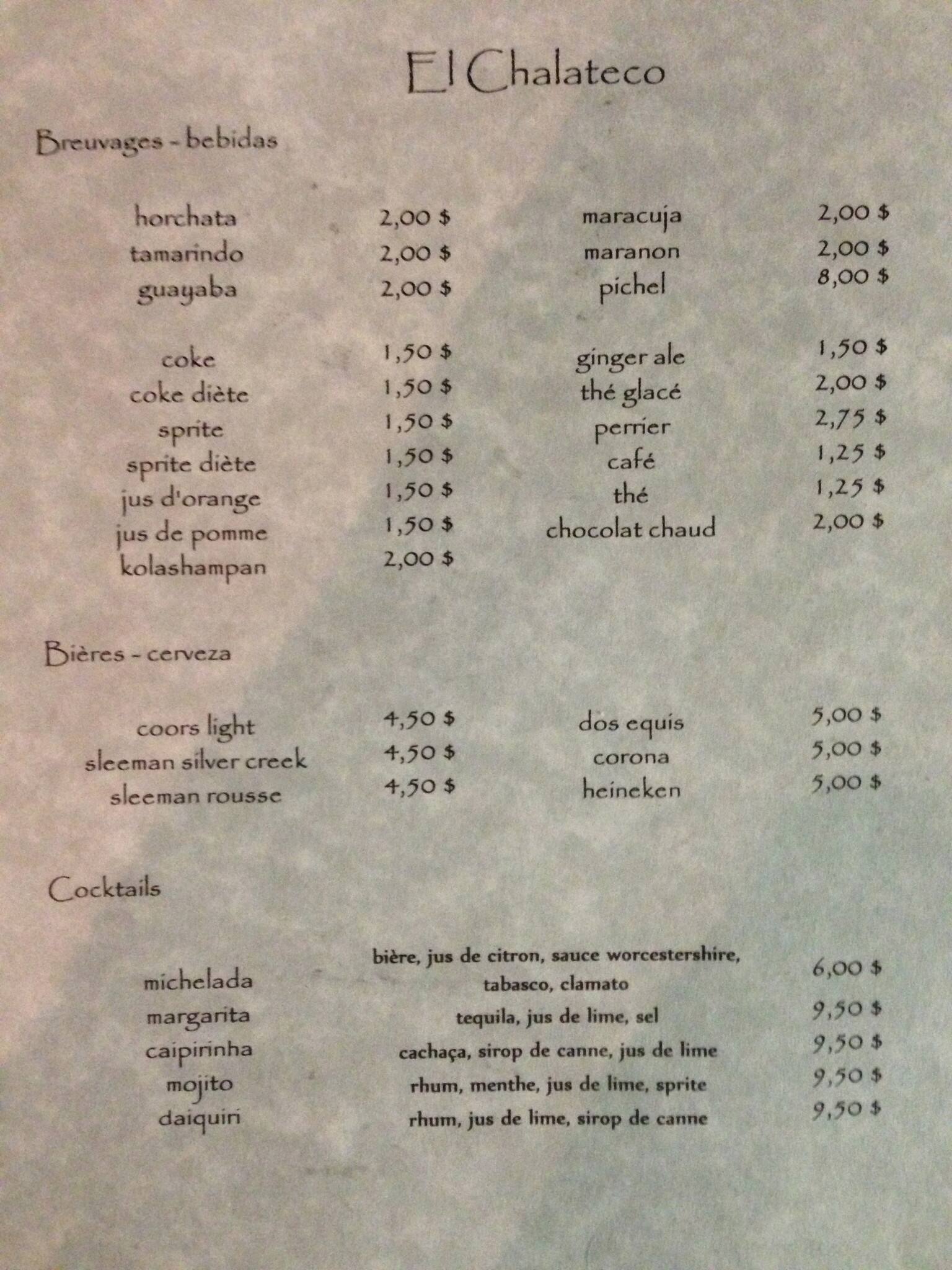 Menu de Restaurant El Chalateco