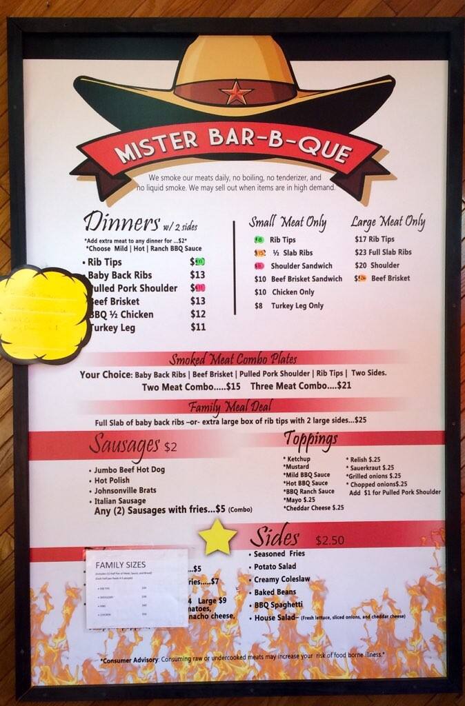 Mister BarBQue menu, Menu restauracji Mister BarBQue, Buchel Park, Milwaukee Urbanspoon/Zomato