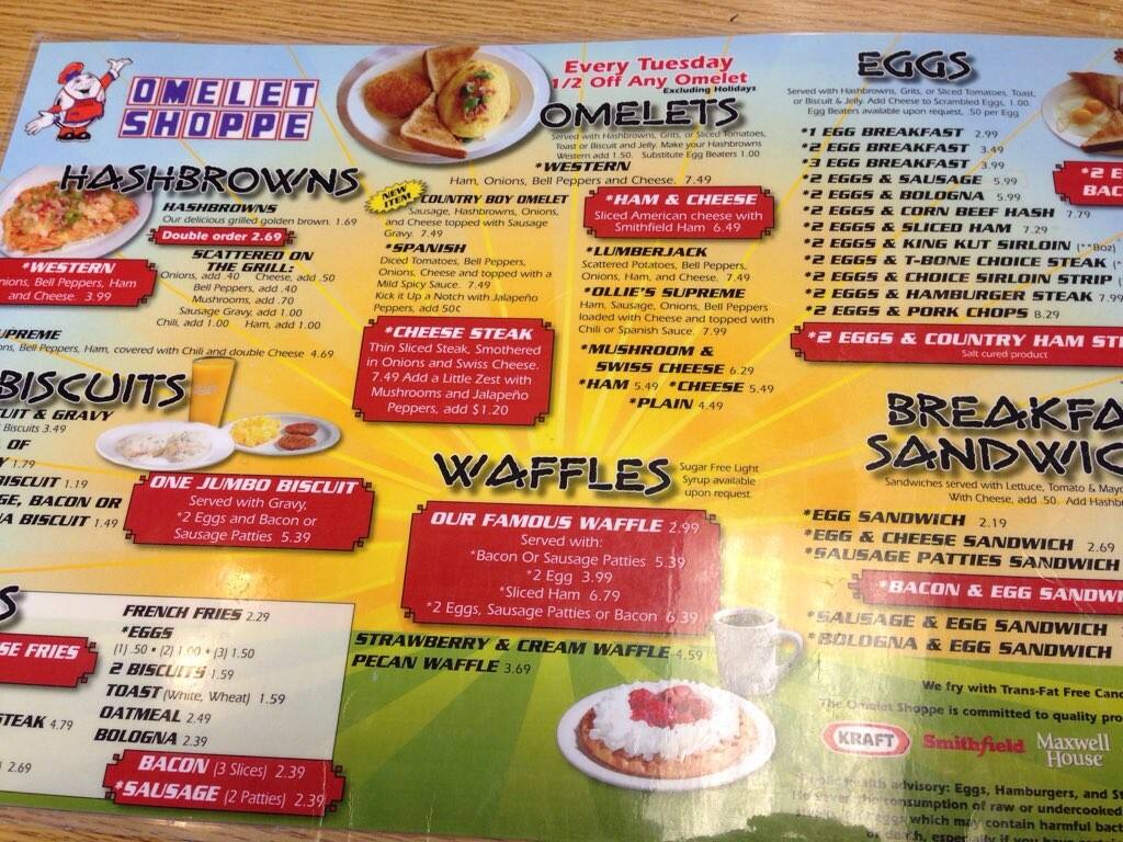 Omelet Shoppe Menu, Menu podniku Omelet Shoppe, Parkersburg 