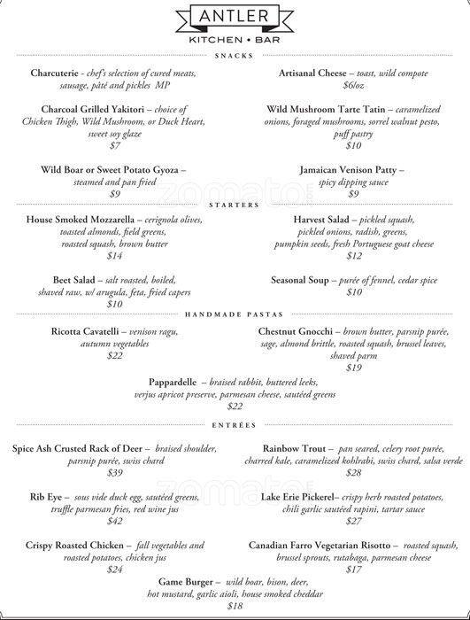 Antler Menu, Menu for Antler, Beaconsfield Village, Toronto Urbanspoon/Zomato