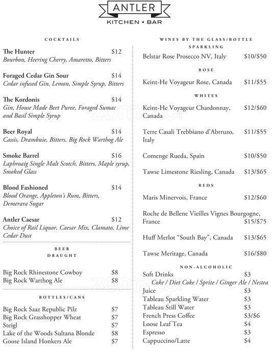 Menu at Antler Kitchen & Bar, Toronto