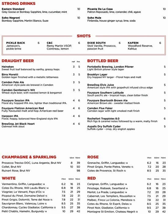 Electric Diner Menu, Menu for Electric Diner, Notting Hill, London