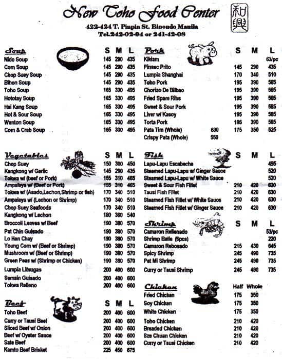 New Toho Food Centre Menu, Menu for New Toho Food Centre, Binondo ...