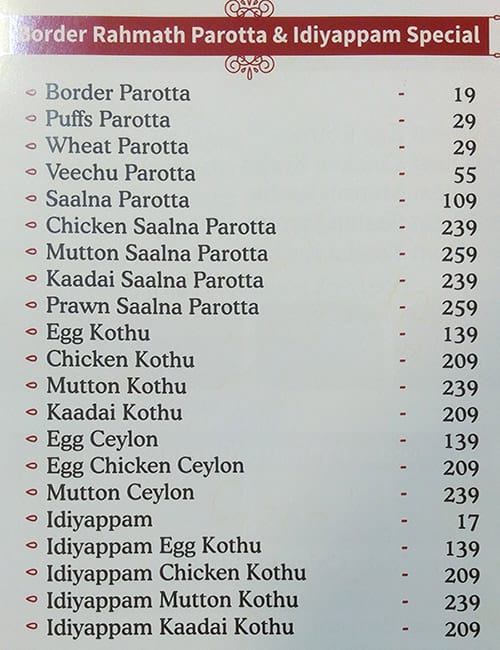 Courtallam Border Rahmath Kadai Menu Card