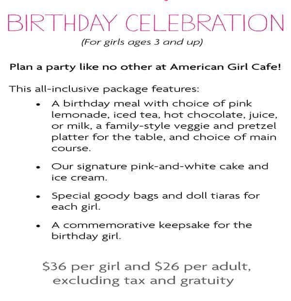 American Girl Place Chicago menu