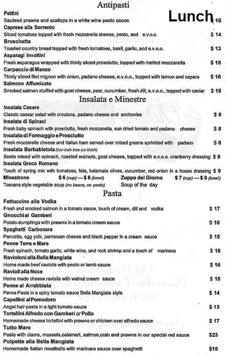 Menu at Chianti's Ristorante restaurant, Pleasanton