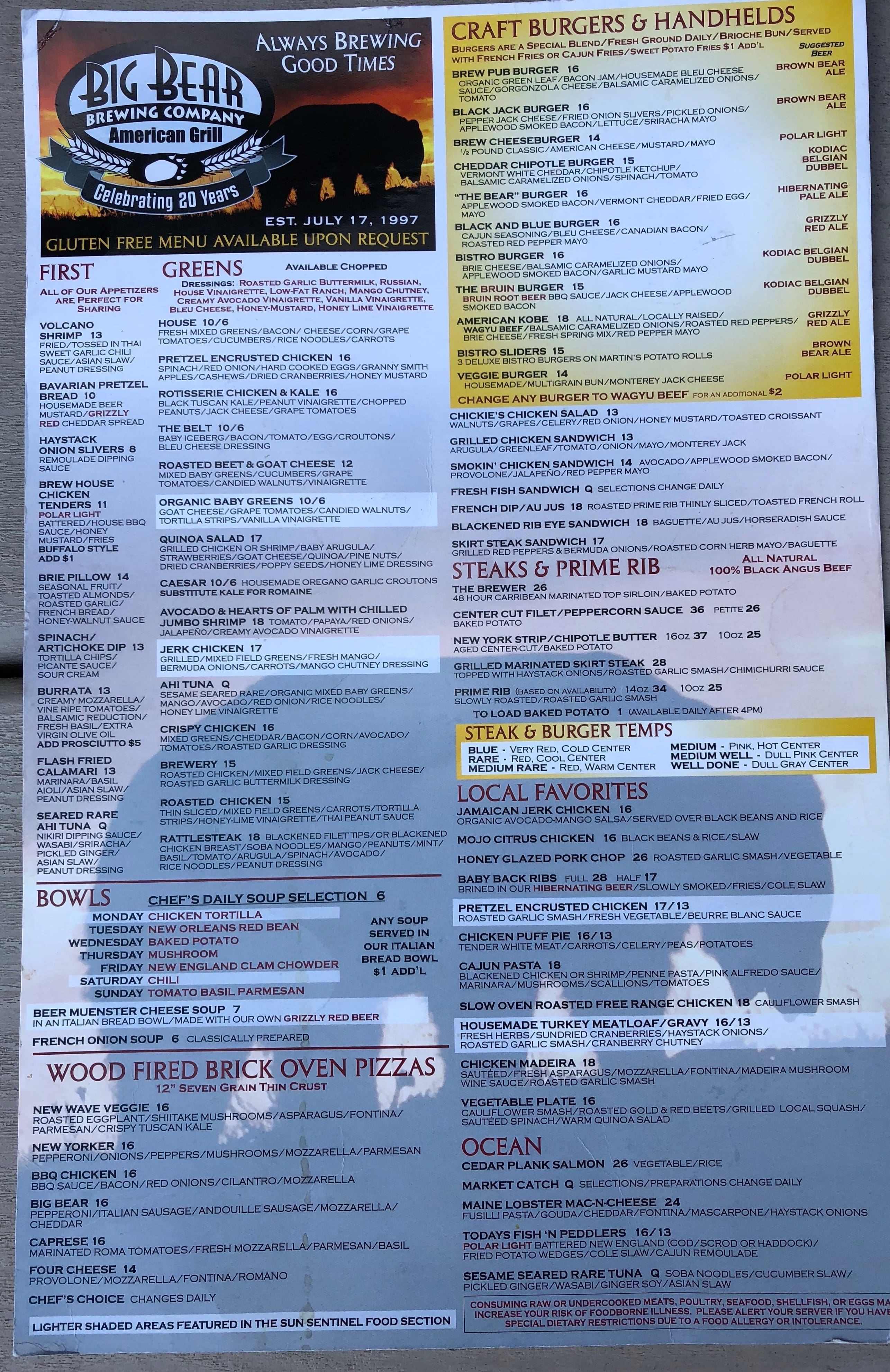 Big Bear Brewing Company Menu, Menu for Big Bear Brewing Company, Coral ...