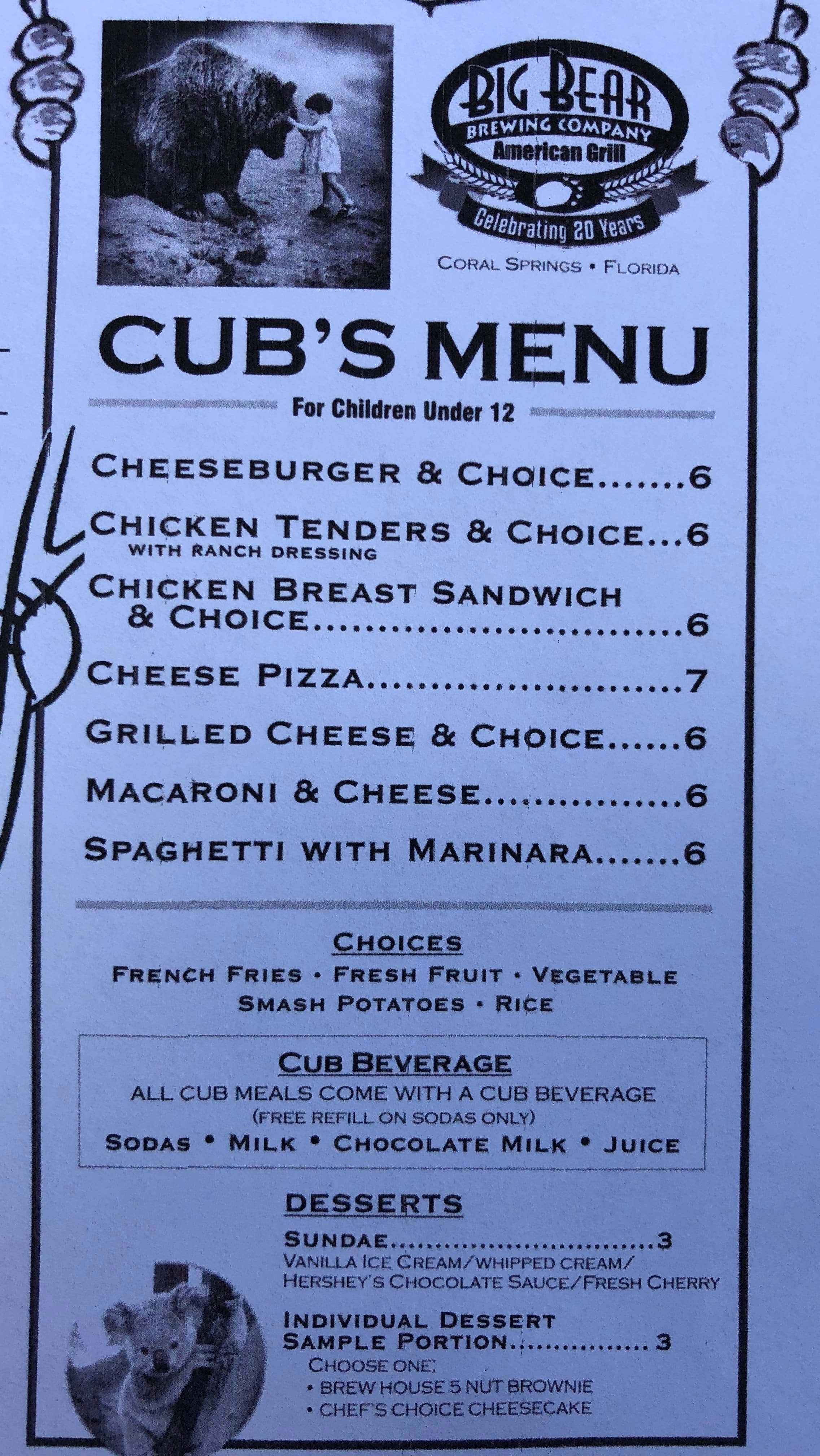 Menu at Big Bear Brewing Co restaurant, Coral Springs