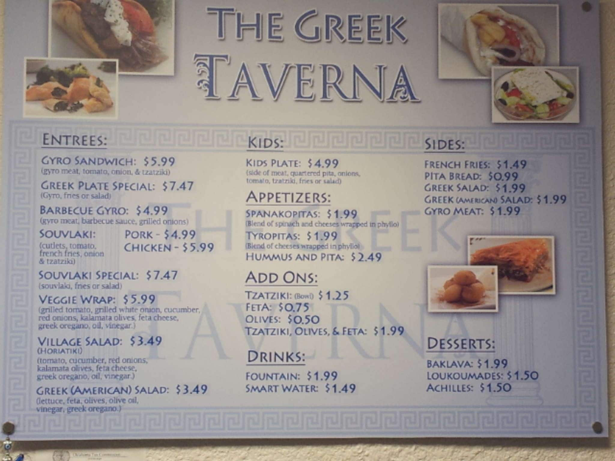 The Greek Taverna Menu, Menu for The Greek Taverna, Moore, Oklahoma