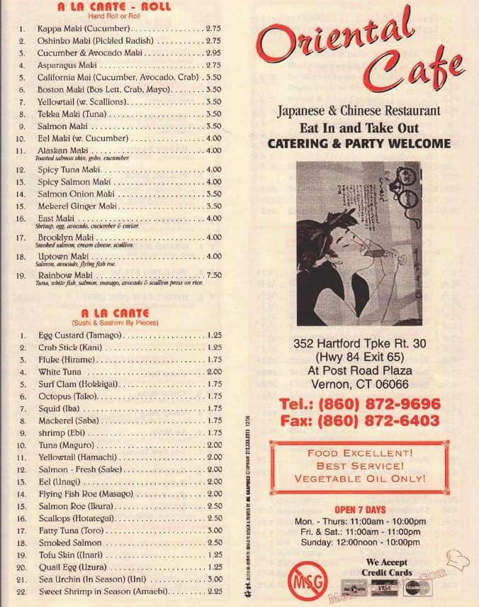 Oriental Cafe Menu, Menu for Oriental Cafe, Vernon Rockville, Hartford